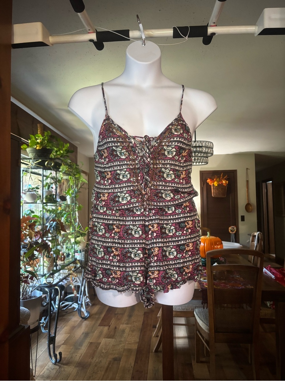 American Eagle Boho Women’s Floral Print Lace-Up Cami Romper - Burgundy Size M